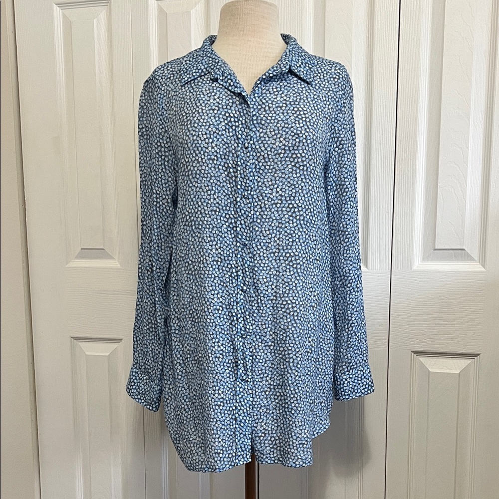 Nanette Lepore Blue Geometric Print Button-Down Tunic Shirt Size Large